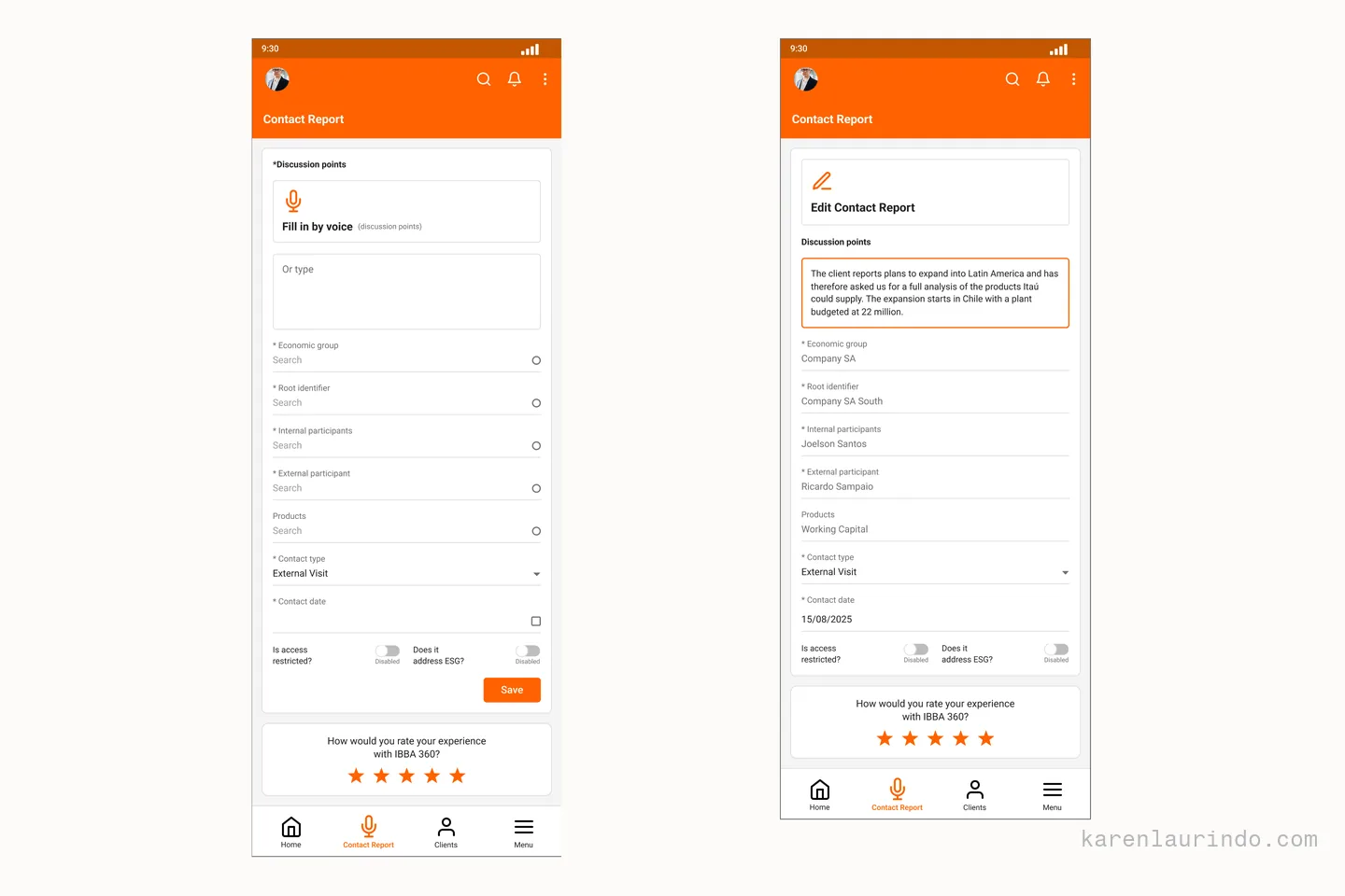 The visit report screen before and after: the empty form with the fill in by voice action, and the same form with the spoken summary already structured