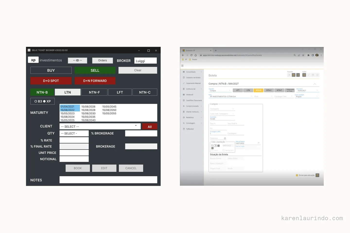 The old desktop utility next to the web system it was meant to replace: the first dense and operable entirely from the keyboard, the second spread across a browser page